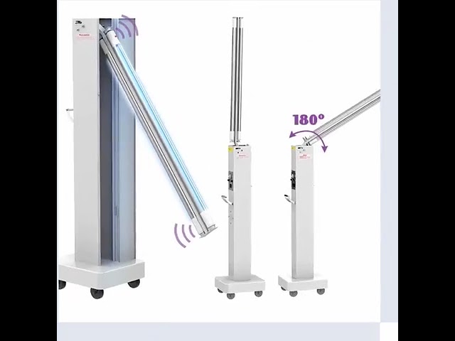 회사 동영상 약 60W Sterilizer Wheel Germicidal Lamp UVC Light Sterilization Hospital UV Disinfection Trolley
